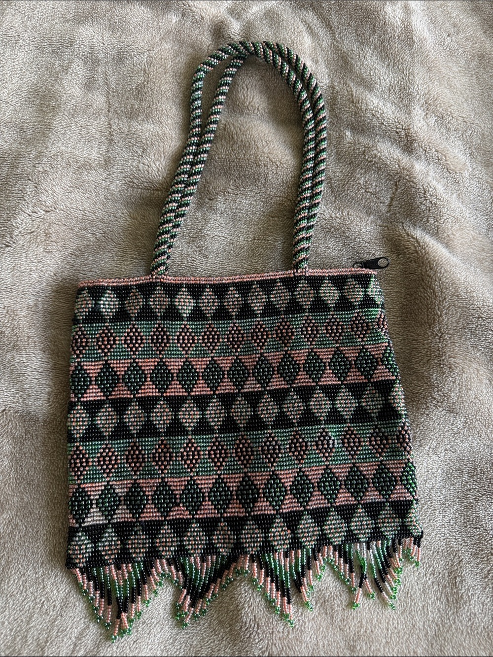 Beaded Geometric Pattern Tote Bag in Black, Pink & Green
